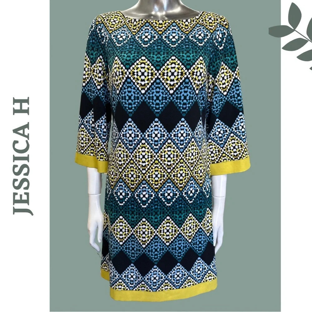 🛍️Jessica H 3/4 Sleeve Tunic Dress Geometric Diamond Print Lined Blue Green 6